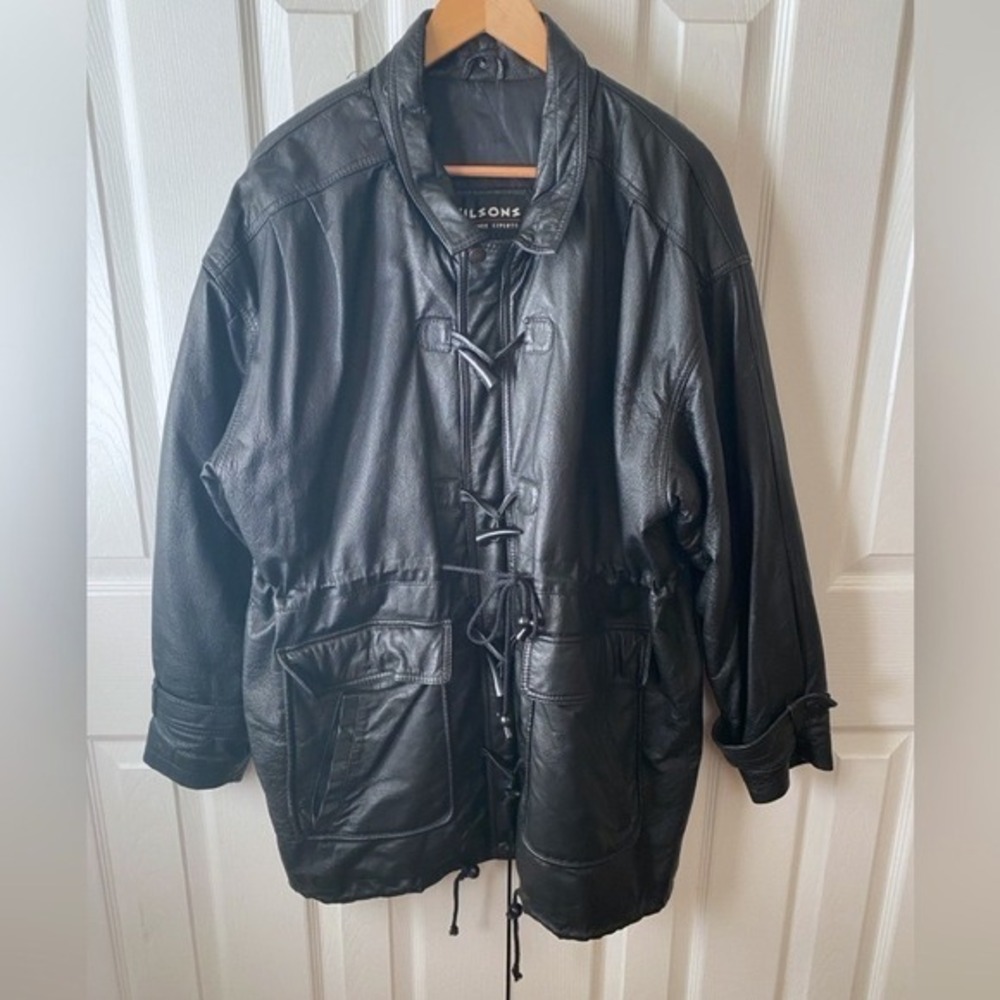 VINTAGE 1990's WILSONS Black Leather Toggle Duffle Car Coat SZ M